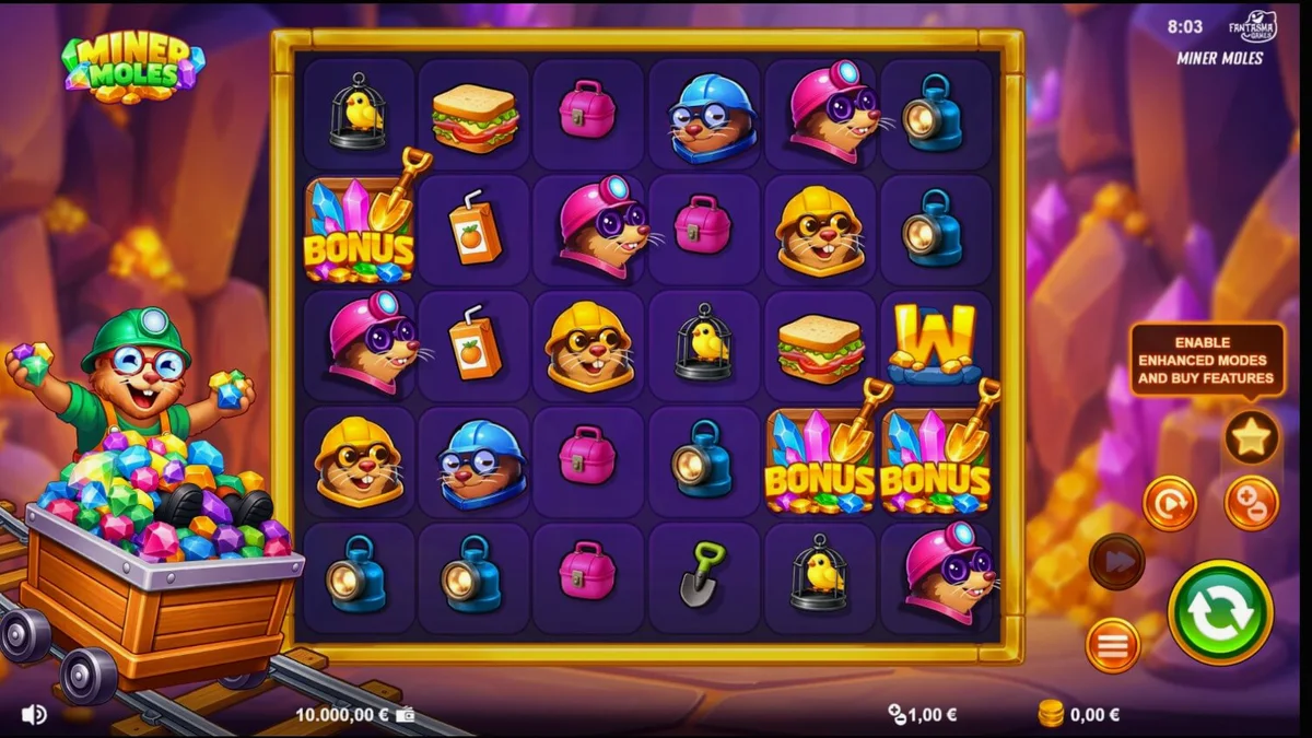 Tampilan visual permainan slot Miner Moles dengan karakter tikus tanah yang lucu dan grid cluster pays.