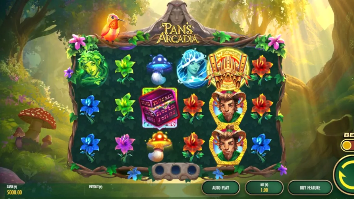 Pemandangan hutan mitis dalam slot Pan's Arcadia dengan simbol-simbol kuno dan elemen alam yang memukau.