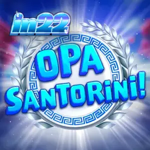 Pemandangan visual slot Opa Santorini dengan latar belakang bangunan khas Mediterania.